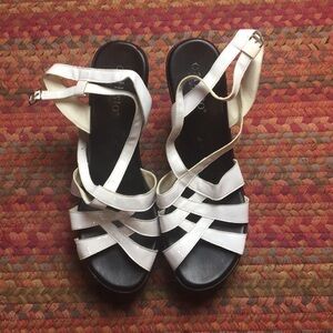 CALLISTO WHITE & BLACK STRAPPY WEDGES PLATFORM BUCKLE